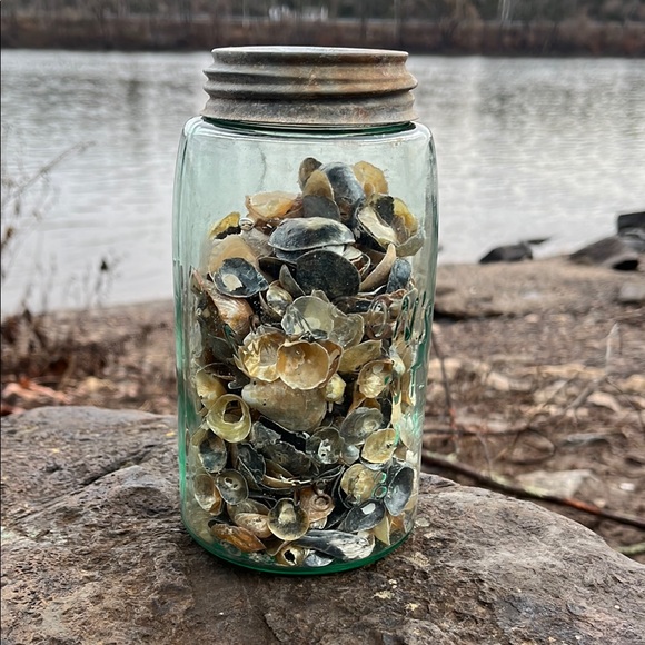 Vintage Sea Green Mason Glass Jar with Coin Shells